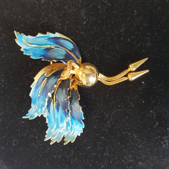 Source Unknown Jewelry - Blue and Goldtone Painted Feather Brooch 3 long x 2.25 inches wide